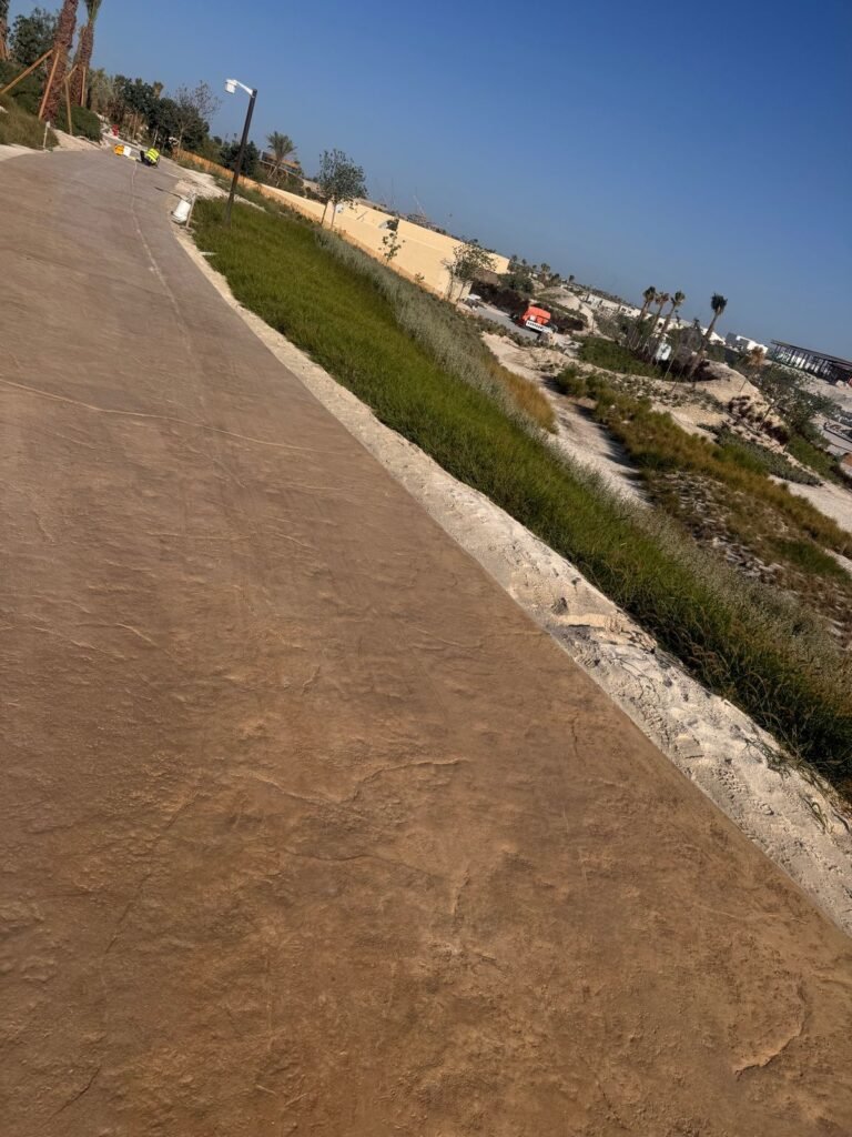 Walking path with a textured brown surface, bordered by lush green grass and shrubs, set against a clear blue sky  In the background, construction activity is visible along with modern buildings, creating a vibrant outdoor space 