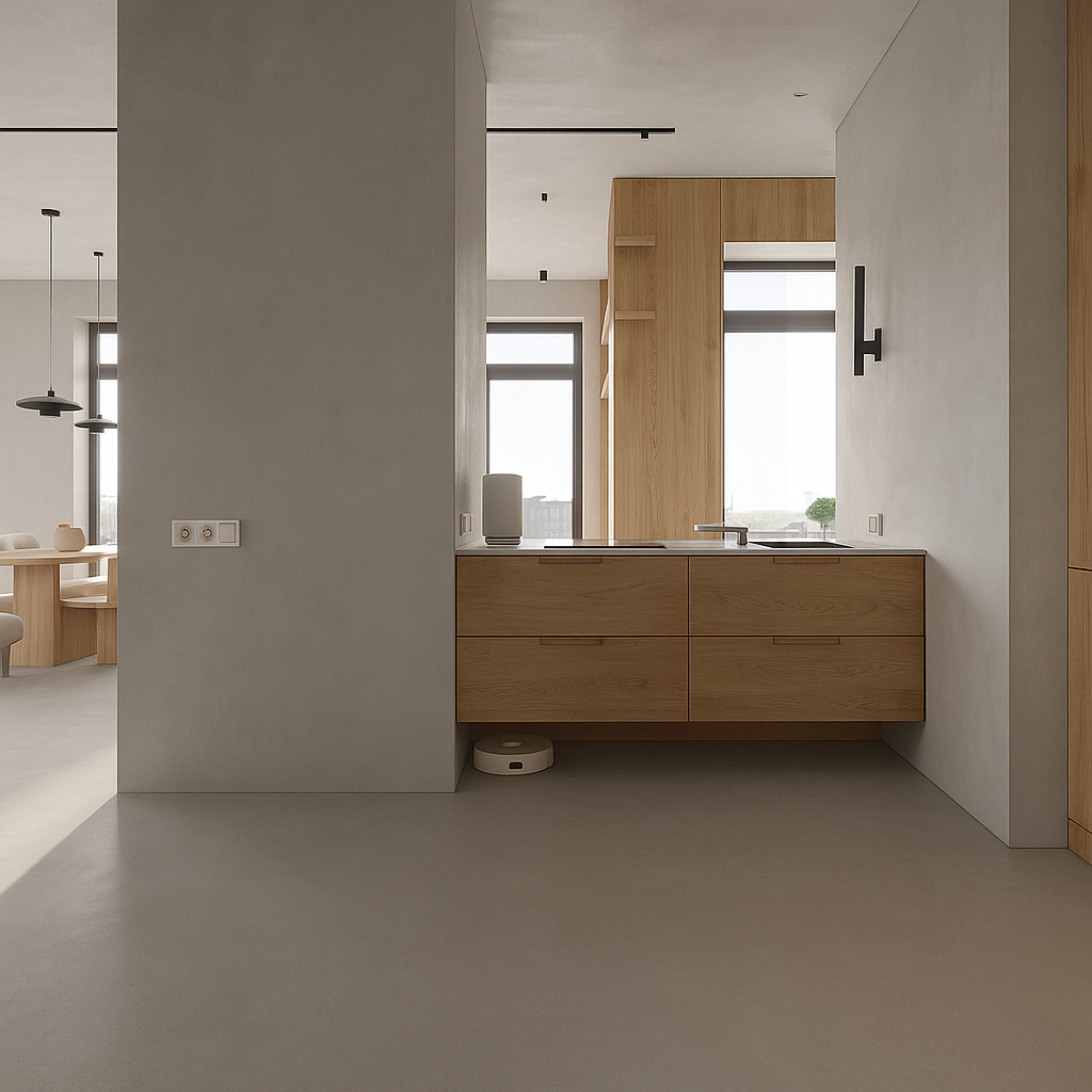 Modern interior with light-colored walls, wooden cabinets, and terrazzo flooring.