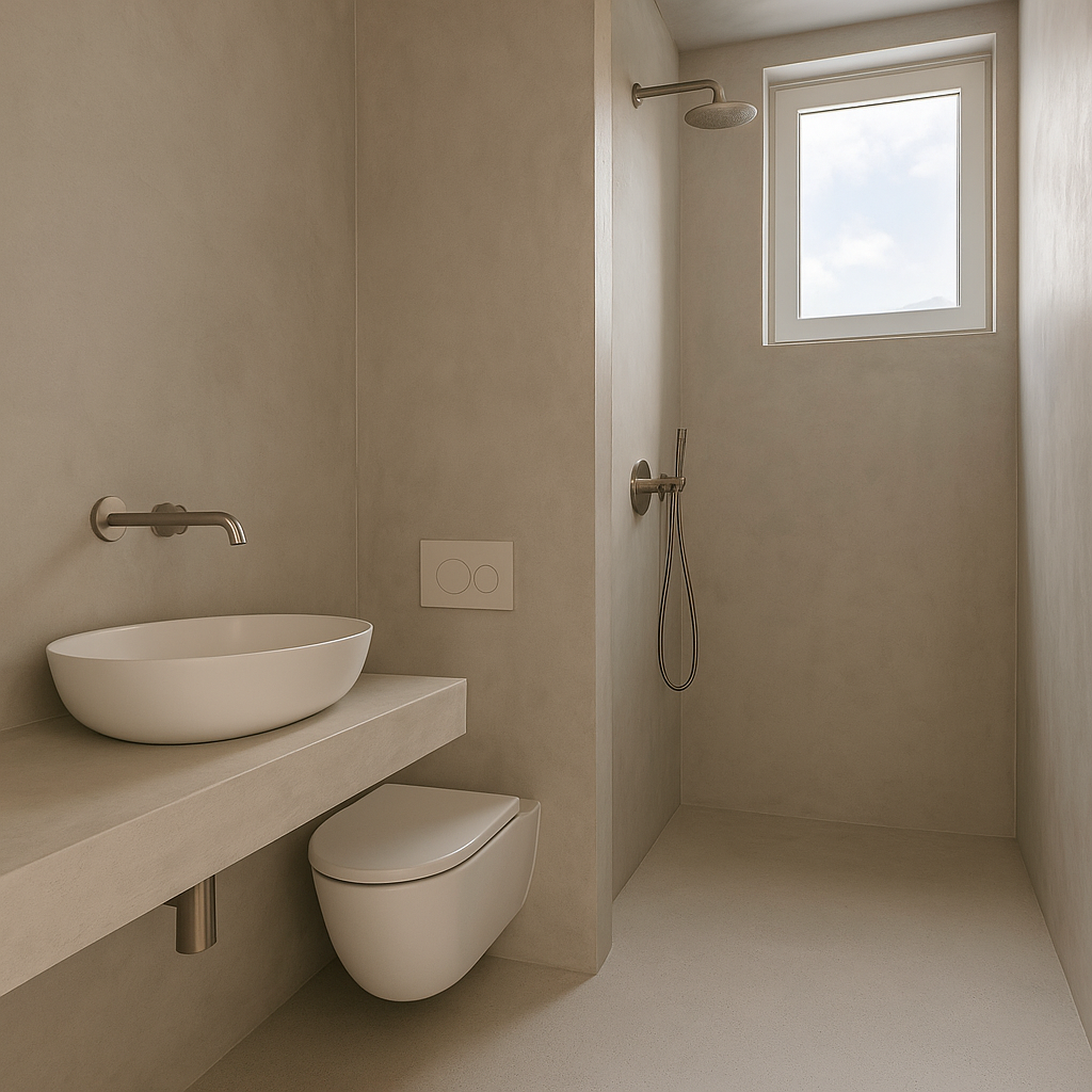 Modern minimalist bathroom with cement wall and floor finish.