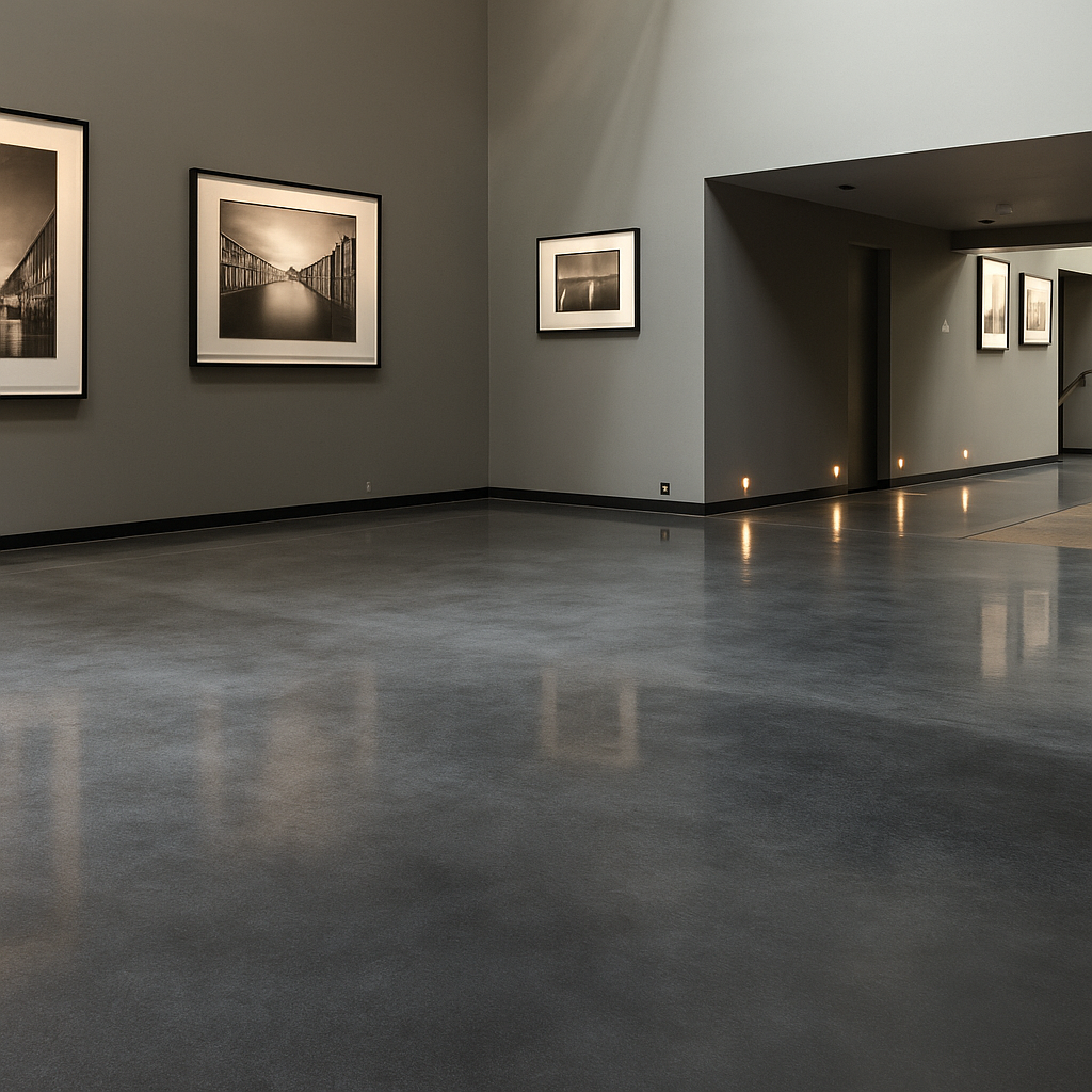 Modern gallery with black and white framed photographs and polished concrete flooring.