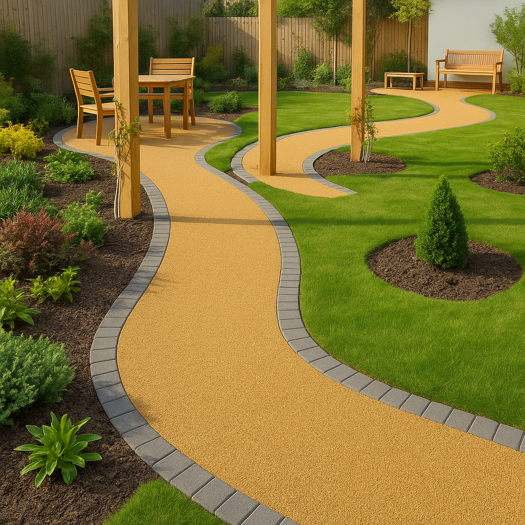 Garden path with green grass, plants, and wooden seating.