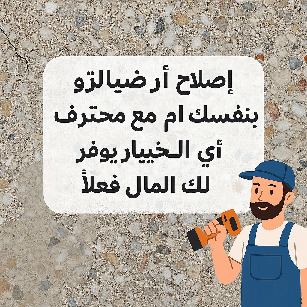 A graphic of a person holding a drill with a background of a cracked concrete surface, along with Arabic text suggesting repairing your own concrete or hiring a professional to save money.