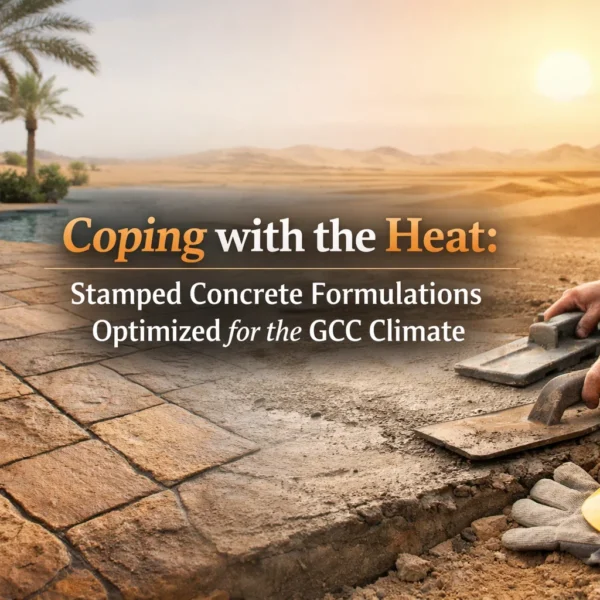 Worker stamping concrete pool deck in a hot, sunny desert environment with palm trees and a swimming pool, illustrating concrete formulations optimized for the GCC (Gulf Cooperation Council) climate.