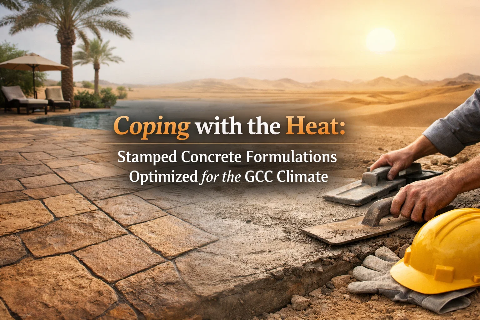 Worker stamping concrete pool deck in a hot, sunny desert environment with palm trees and a swimming pool, illustrating concrete formulations optimized for the GCC (Gulf Cooperation Council) climate.