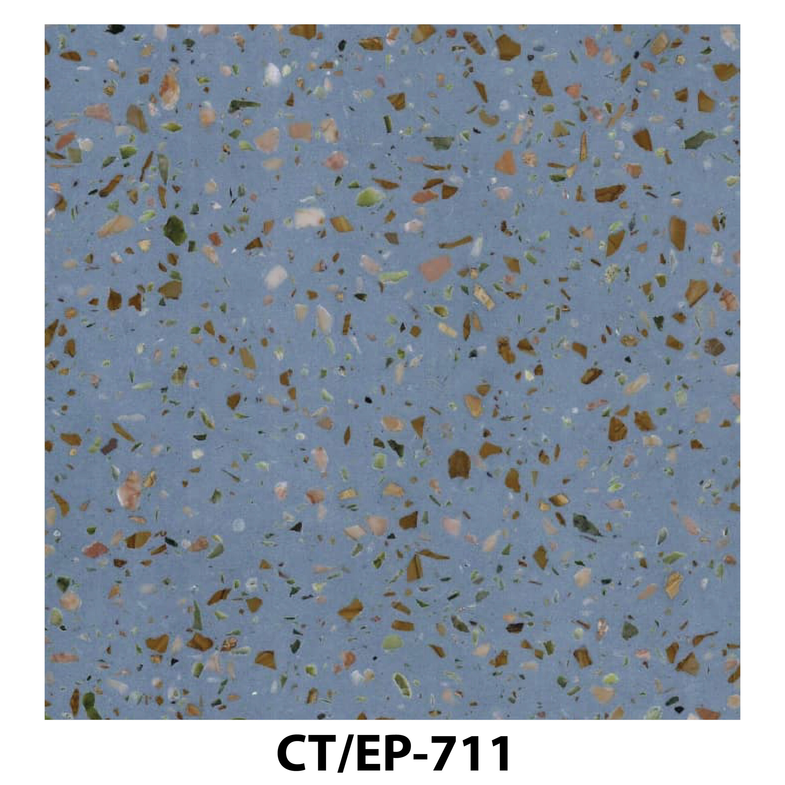 Periwinkle blue terrazzo tile with fine tan and green mineral speckling.