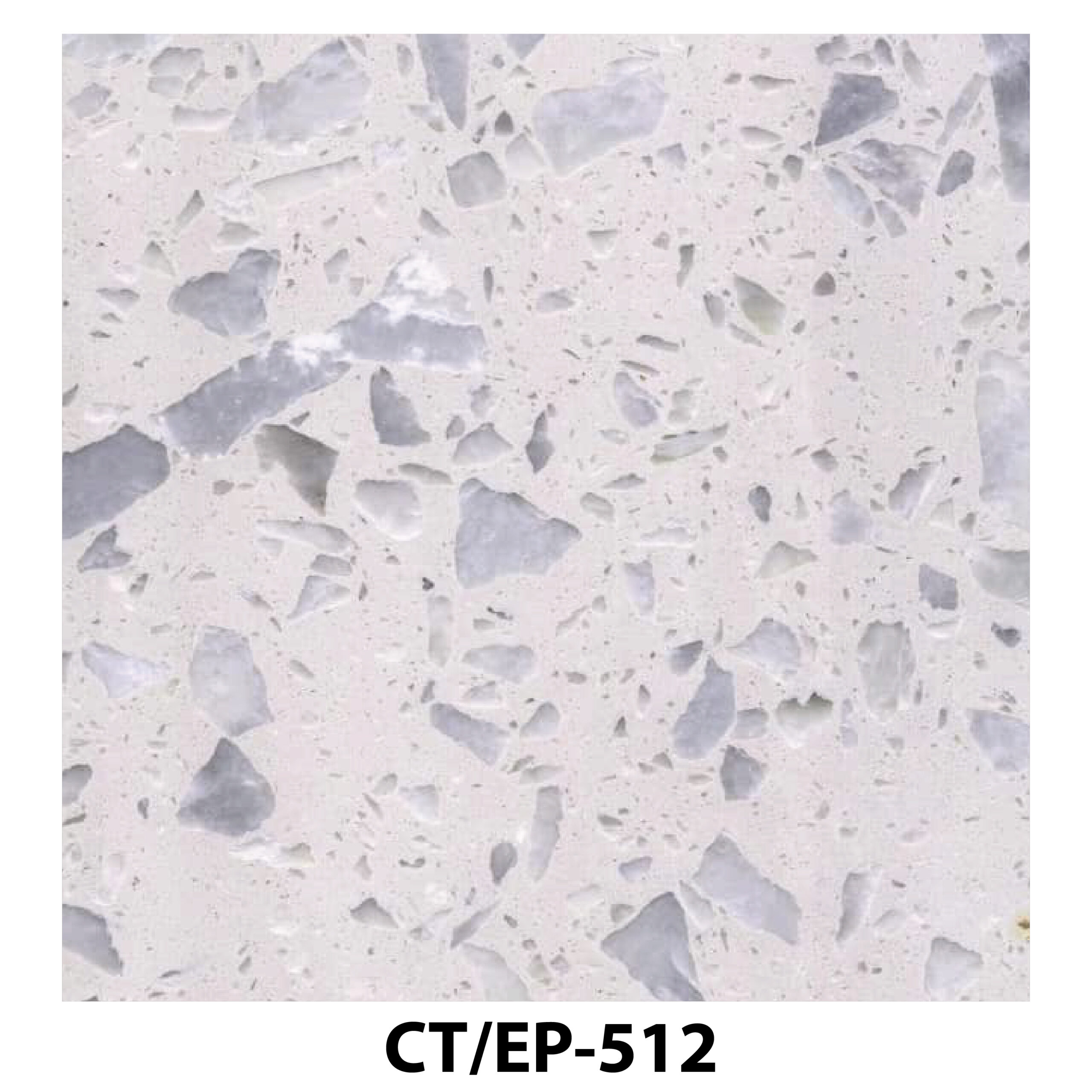 White terrazzo tile with large, angular light grey and translucent stone fragments.