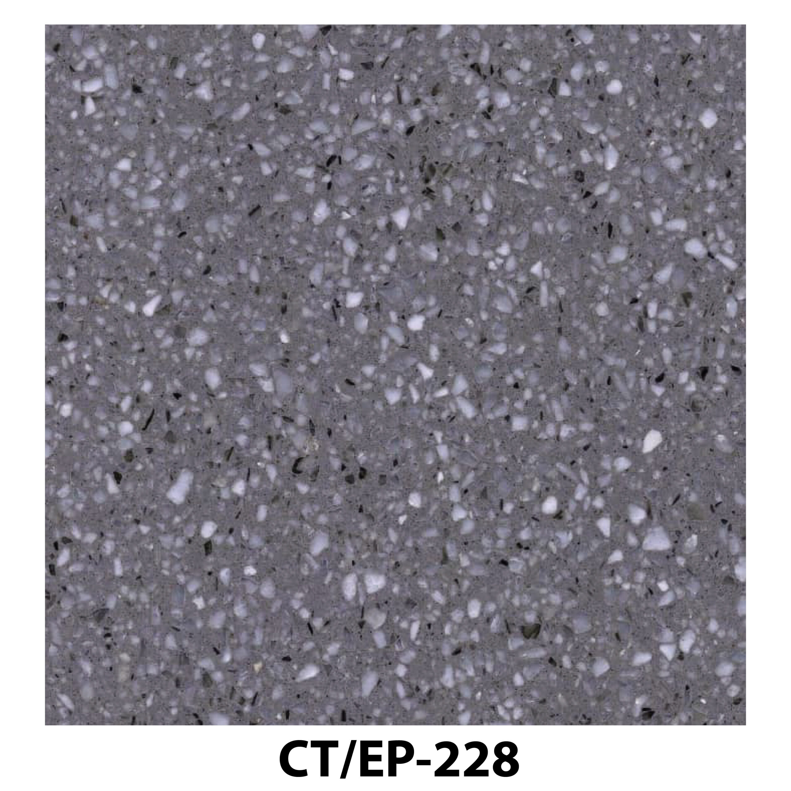 Dark grey terrazzo tile with a dense distribution of small white and charcoal mineral chips.