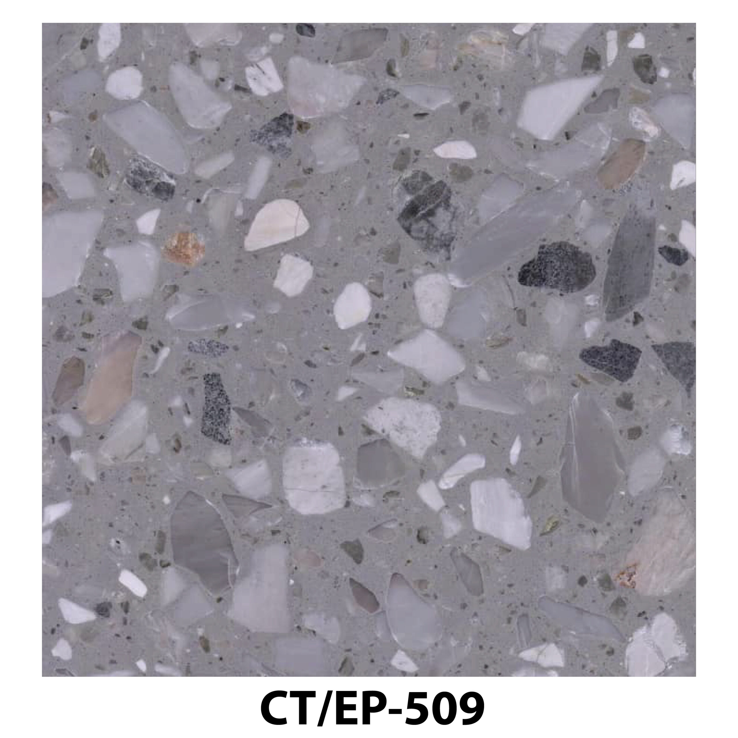 Medium grey terrazzo tile with a high density of semi-translucent and white marble fragments.