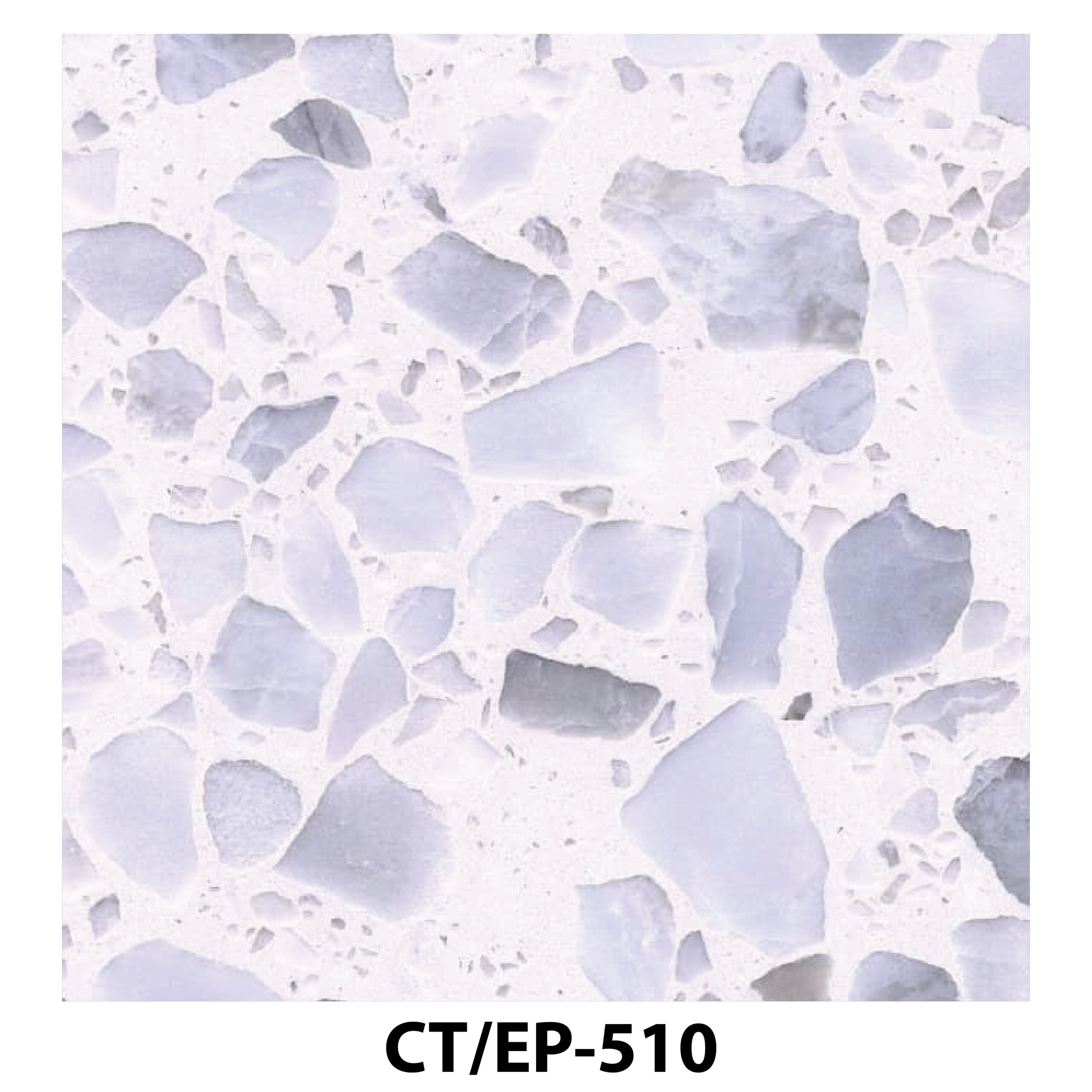 Bright white terrazzo tile with large, angular light grey and blue-toned marble slabs.