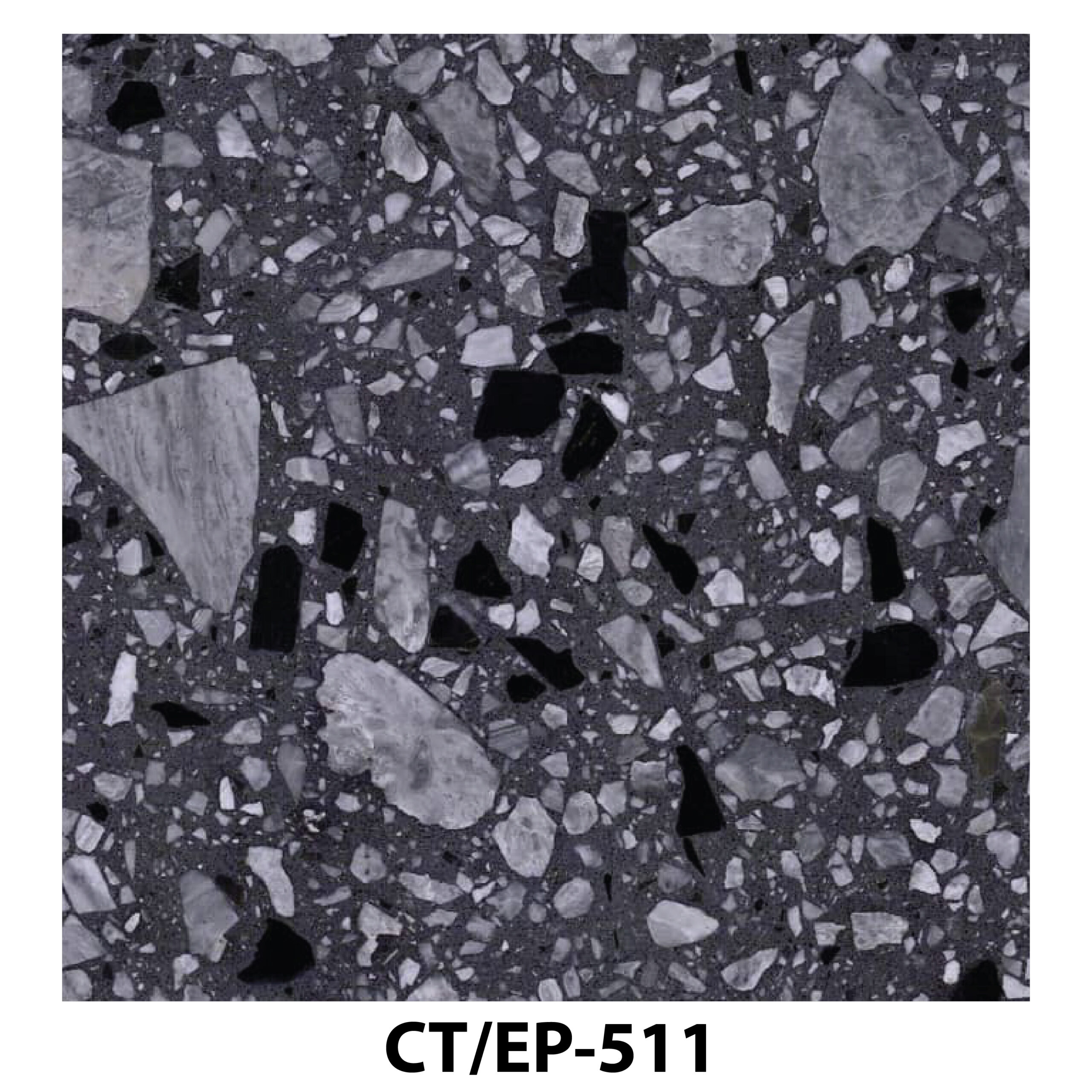 Dark grey terrazzo tile with oversized, angular white and black stone fragments.