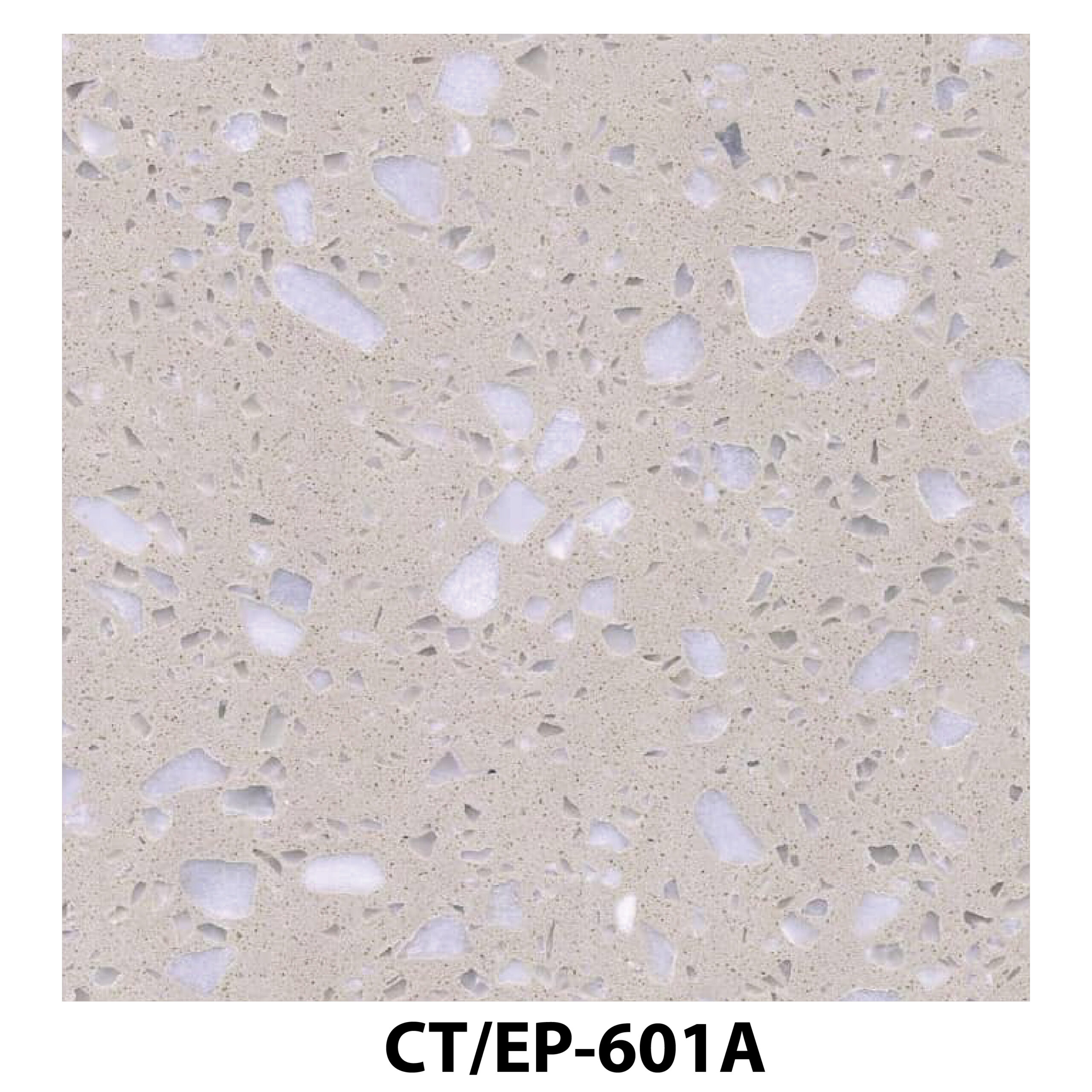 Off-white terrazzo tile with dense, small translucent chips and larger white stone fragments.