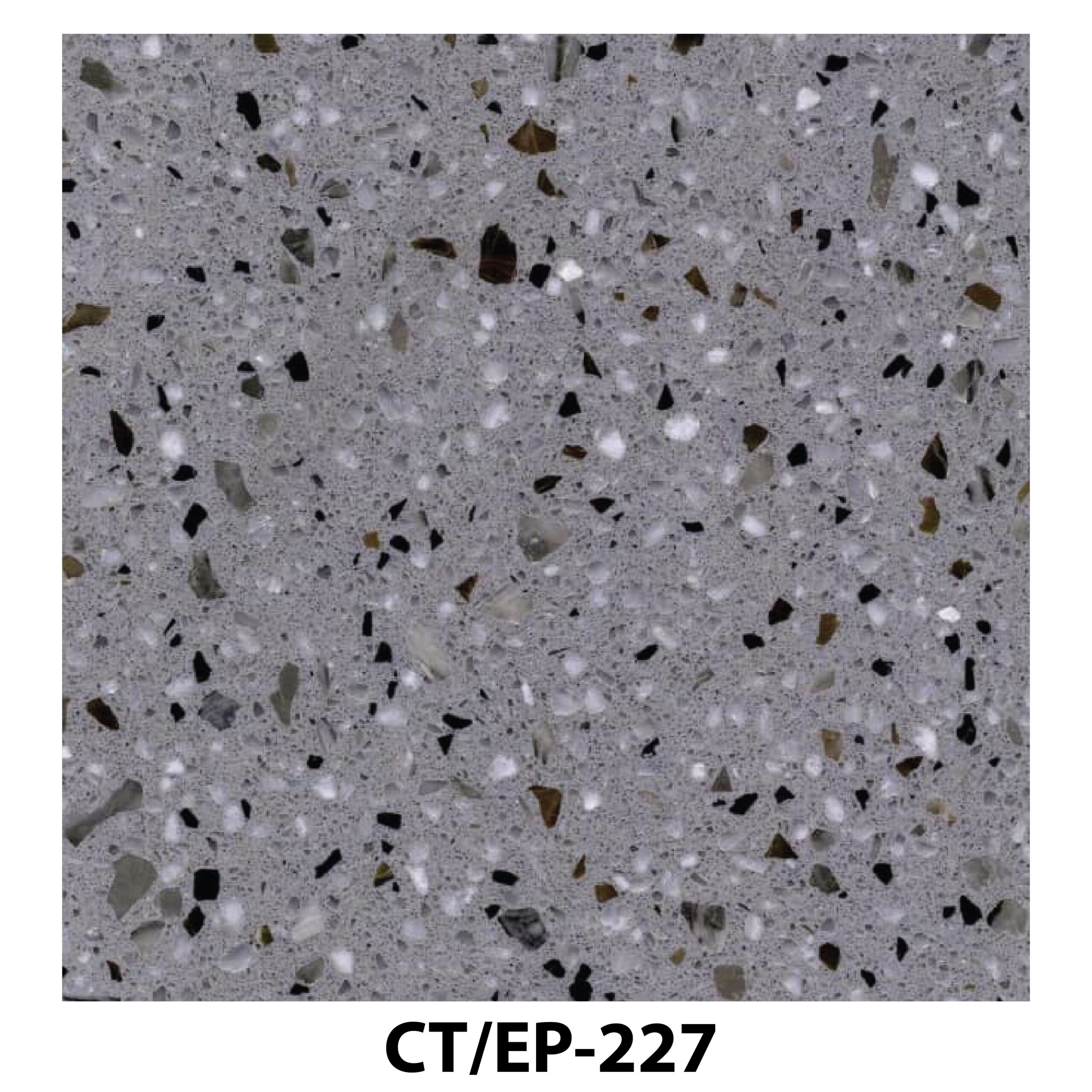 Medium grey terrazzo tile with a balanced mix of white, black, and brown chips.