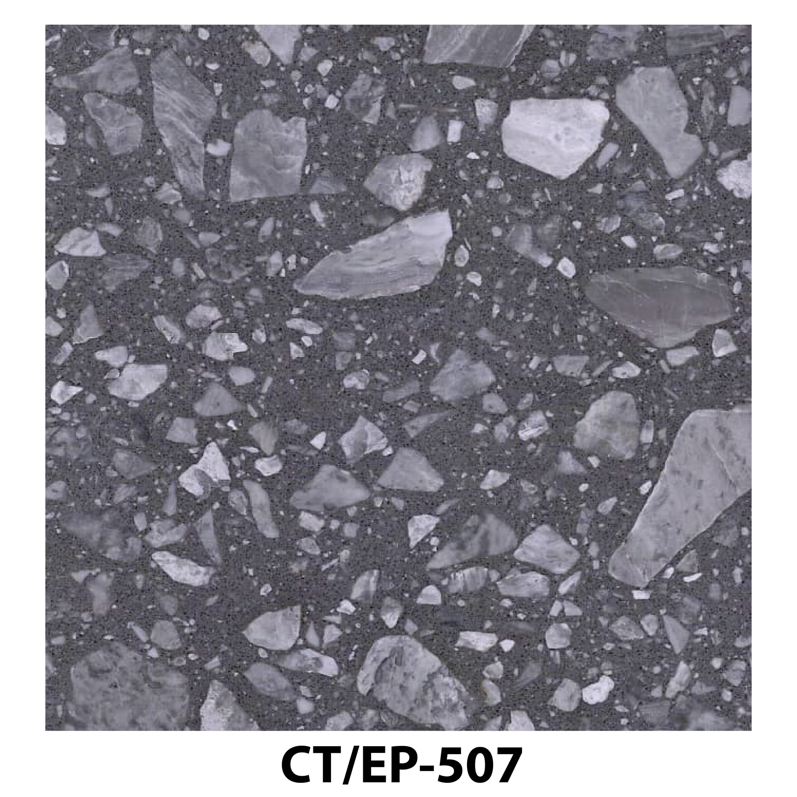 Dark charcoal terrazzo tile with large, angular light grey stone fragments.