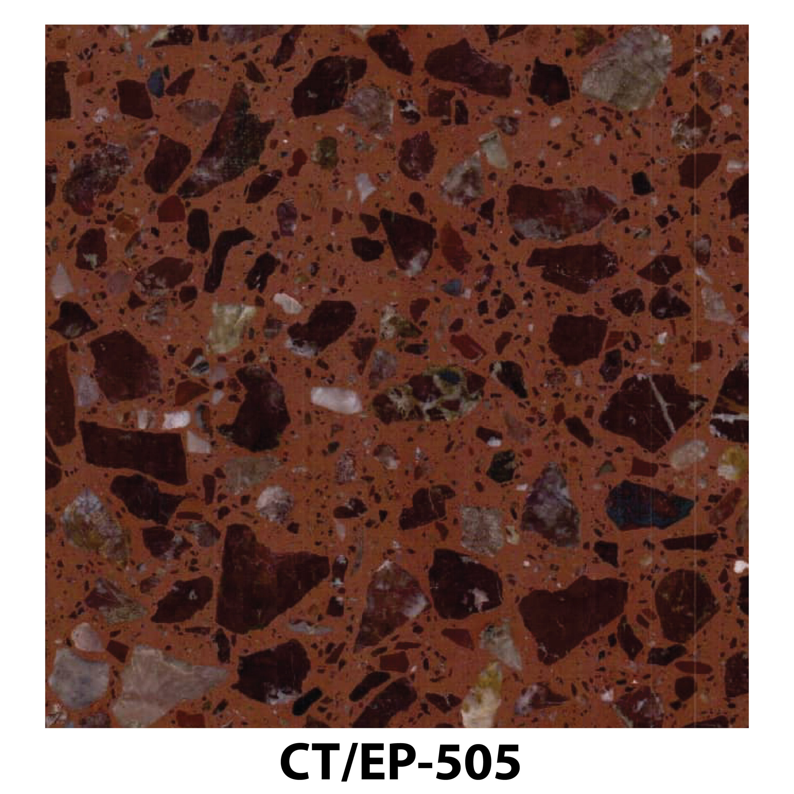 Terracotta red terrazzo tile with large, dark crimson and tan marble fragments.