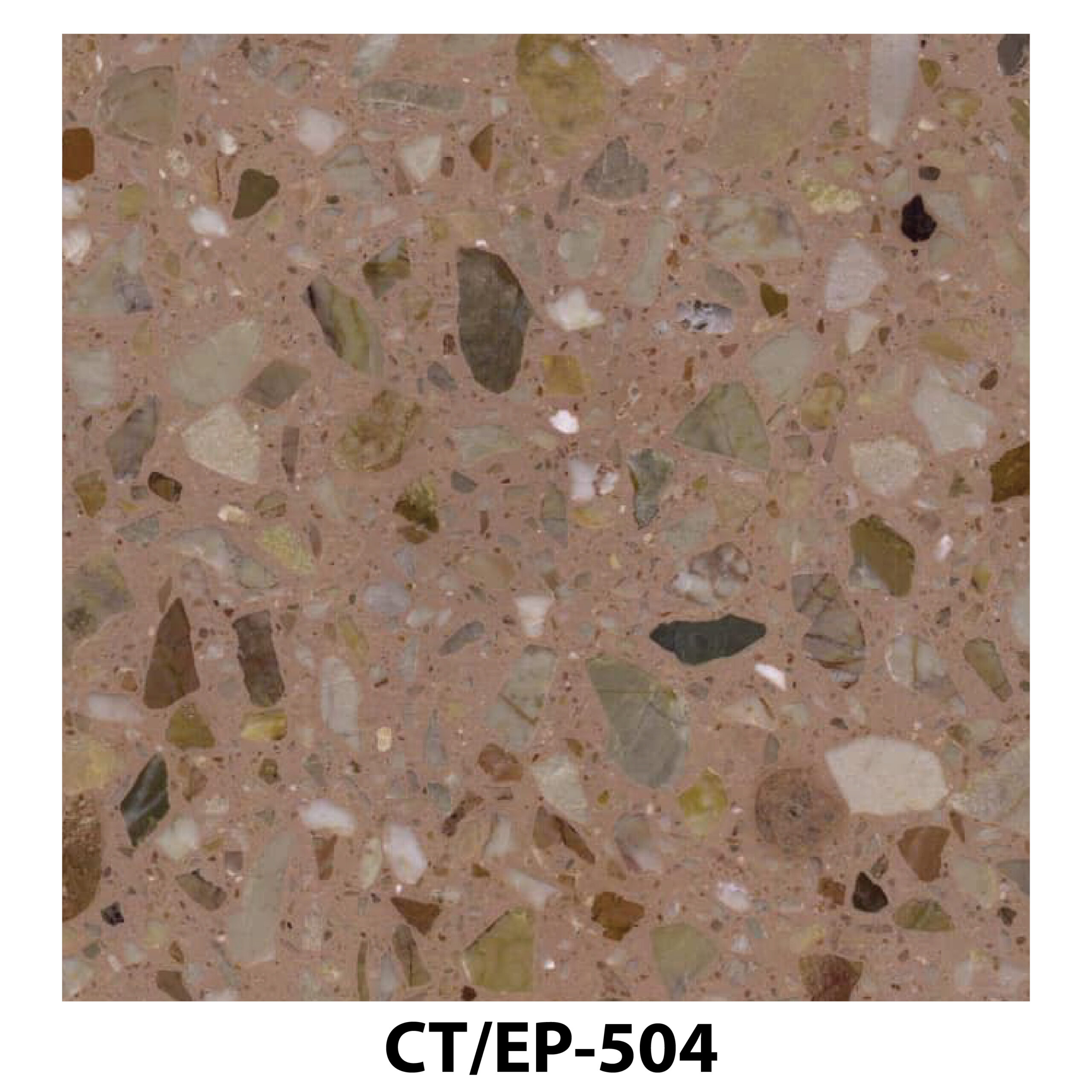 Earth-toned pinkish-brown terrazzo tile with multi-colored stone fragments.