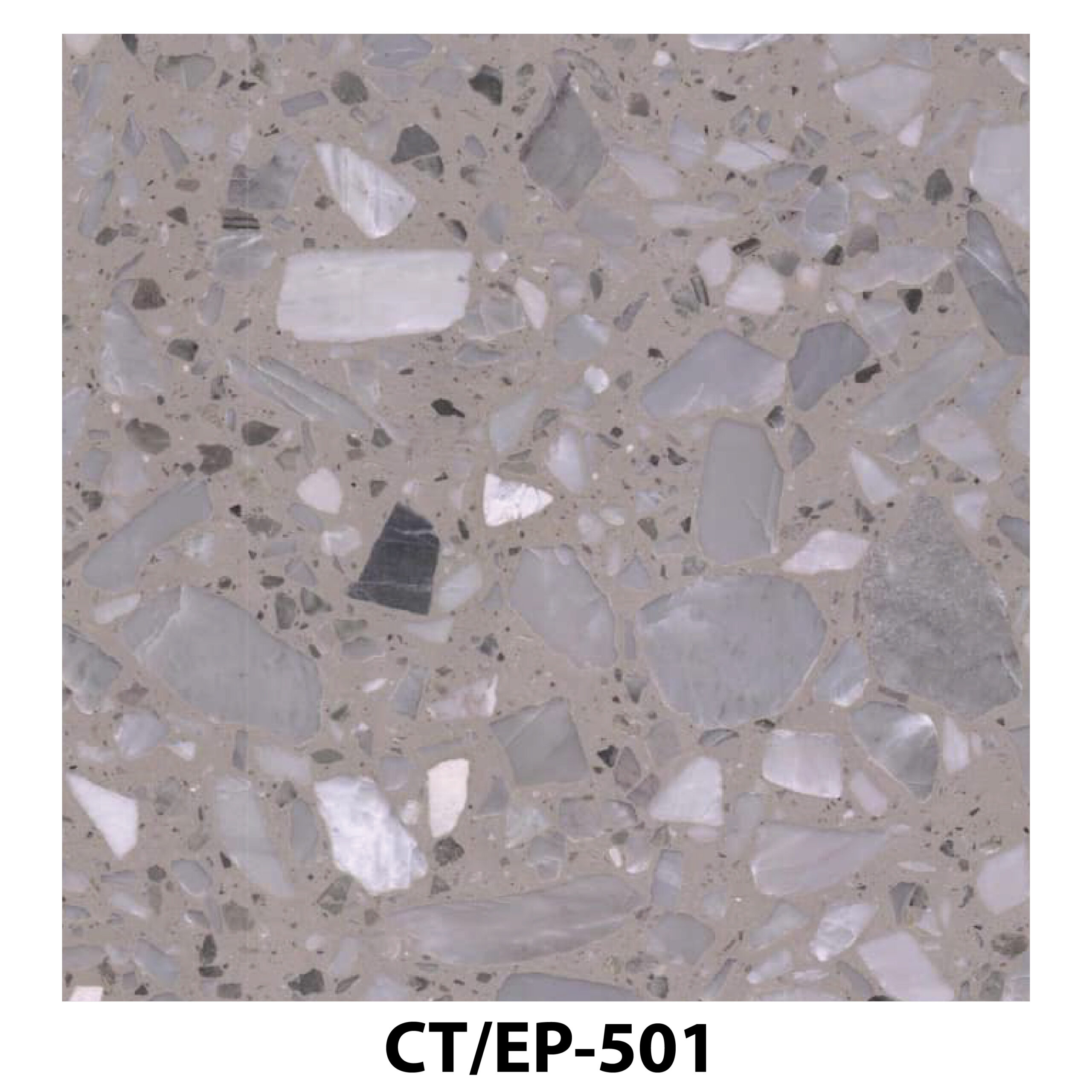 Grey terrazzo tile with large white and light grey marble fragments.