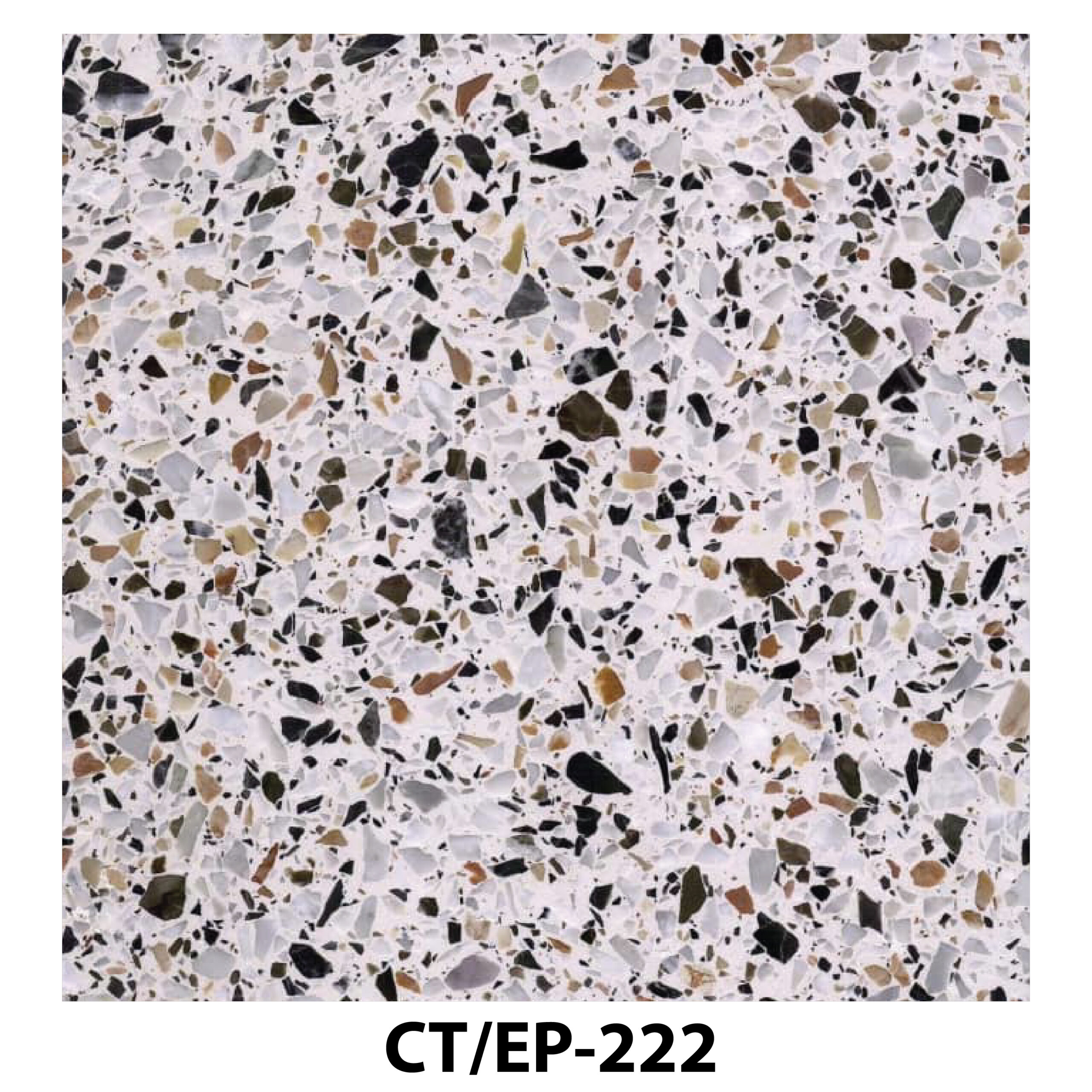 Alt Text: White terrazzo tile with a diverse mix of black, brown, and grey marble fragments.