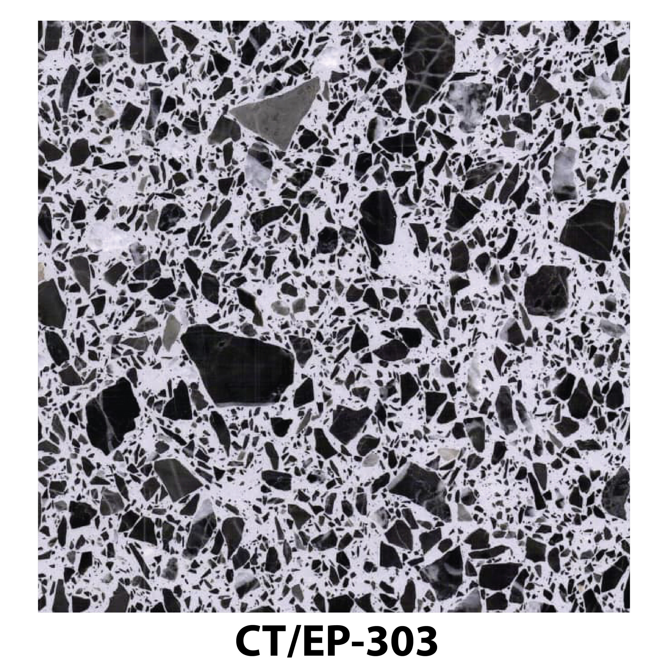 High-contrast white terrazzo with large black marble slabs.