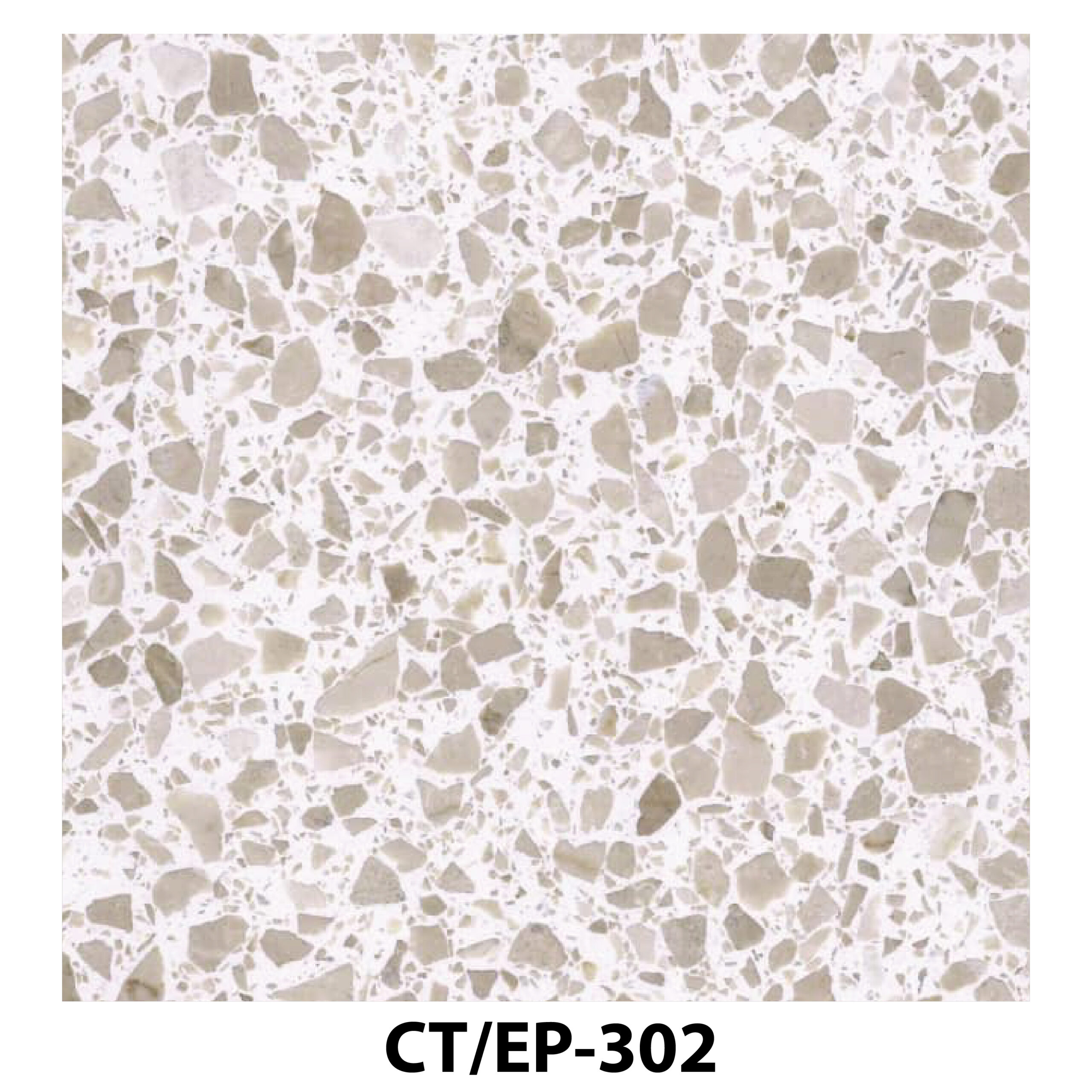 White terrazzo tile with large tan and light grey stone chips.