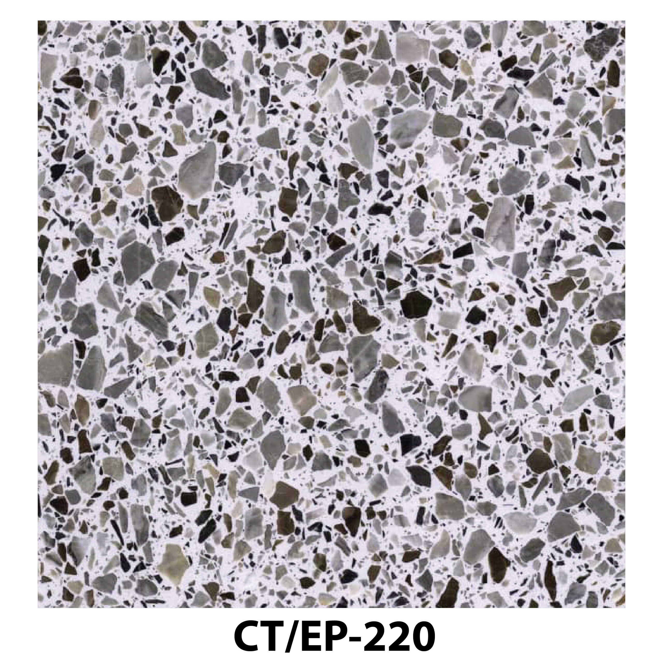 White terrazzo with dense charcoal and grey marble fragments.