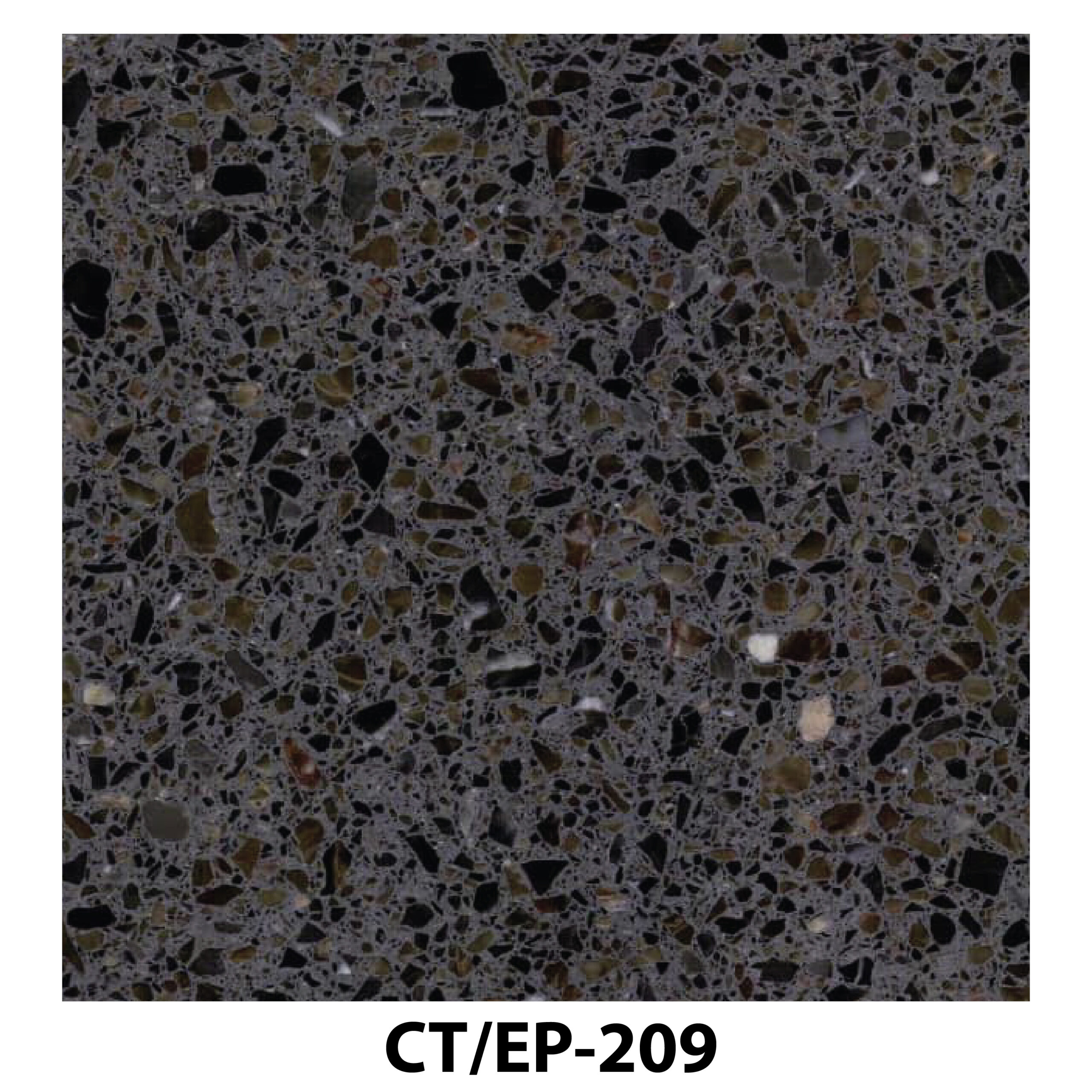 Black terrazzo with dark green and brown marble chips.