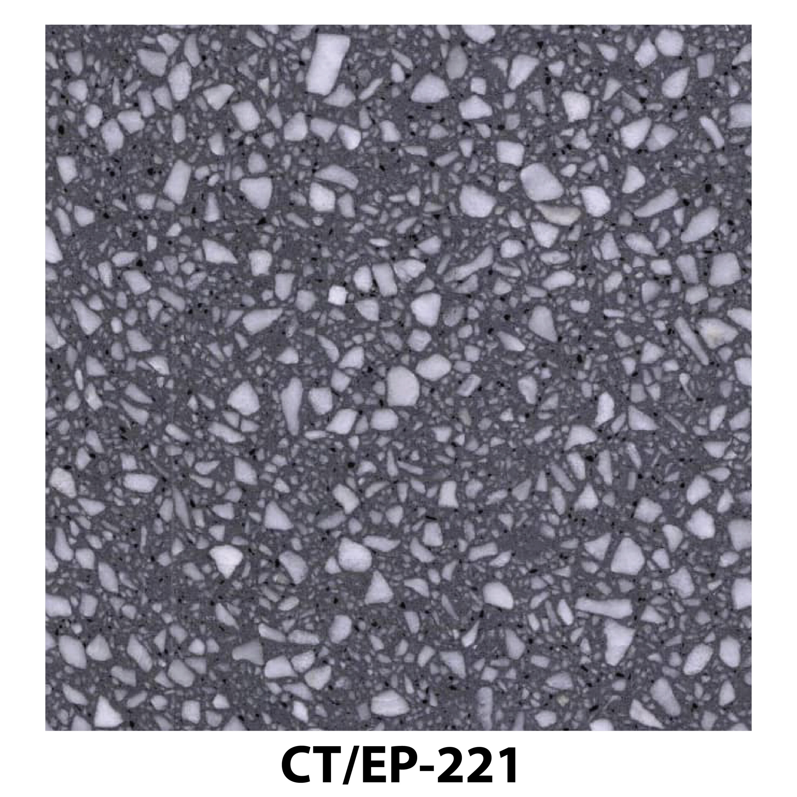 Dark grey terrazzo tile with white stone chips.