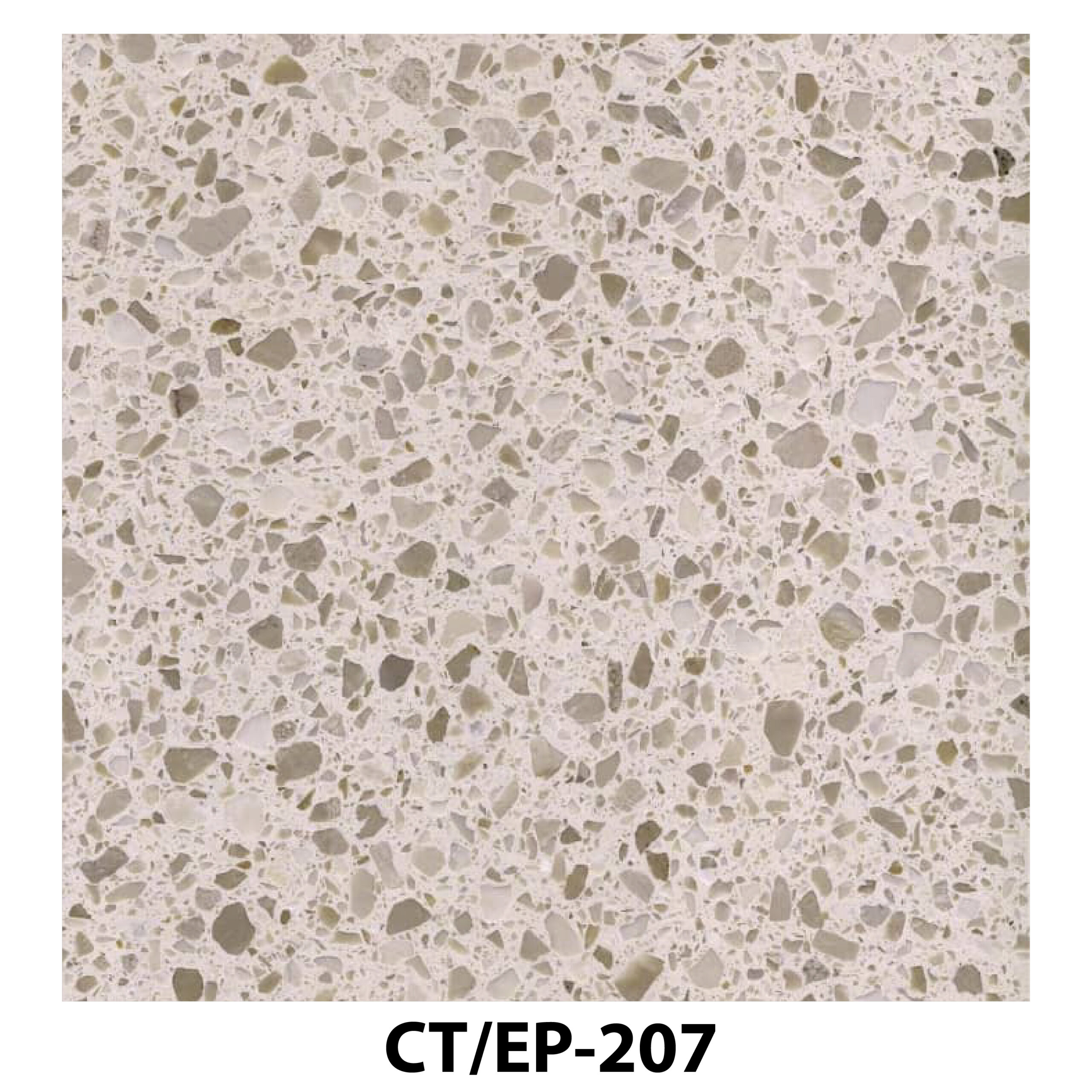 Off-white terrazzo with soft grey and tan stone chips.