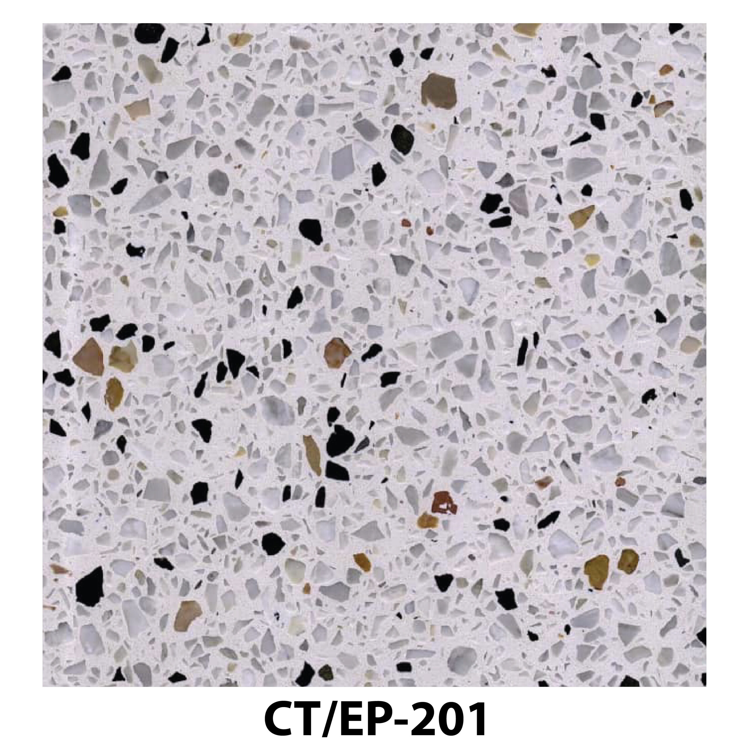 White terrazzo tile with black and tan marble chips.