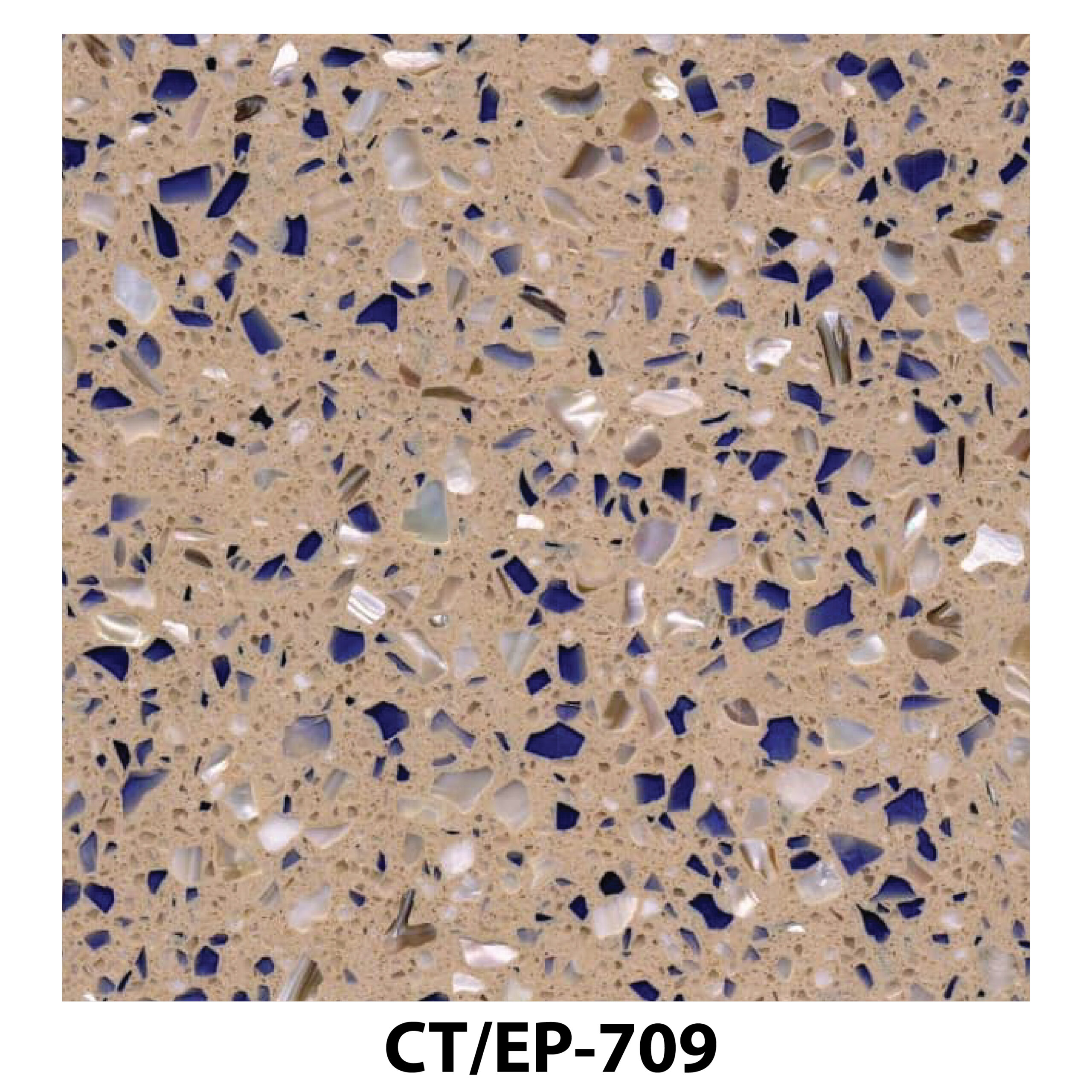 Tan terrazzo tile with cobalt blue and white marble chips.