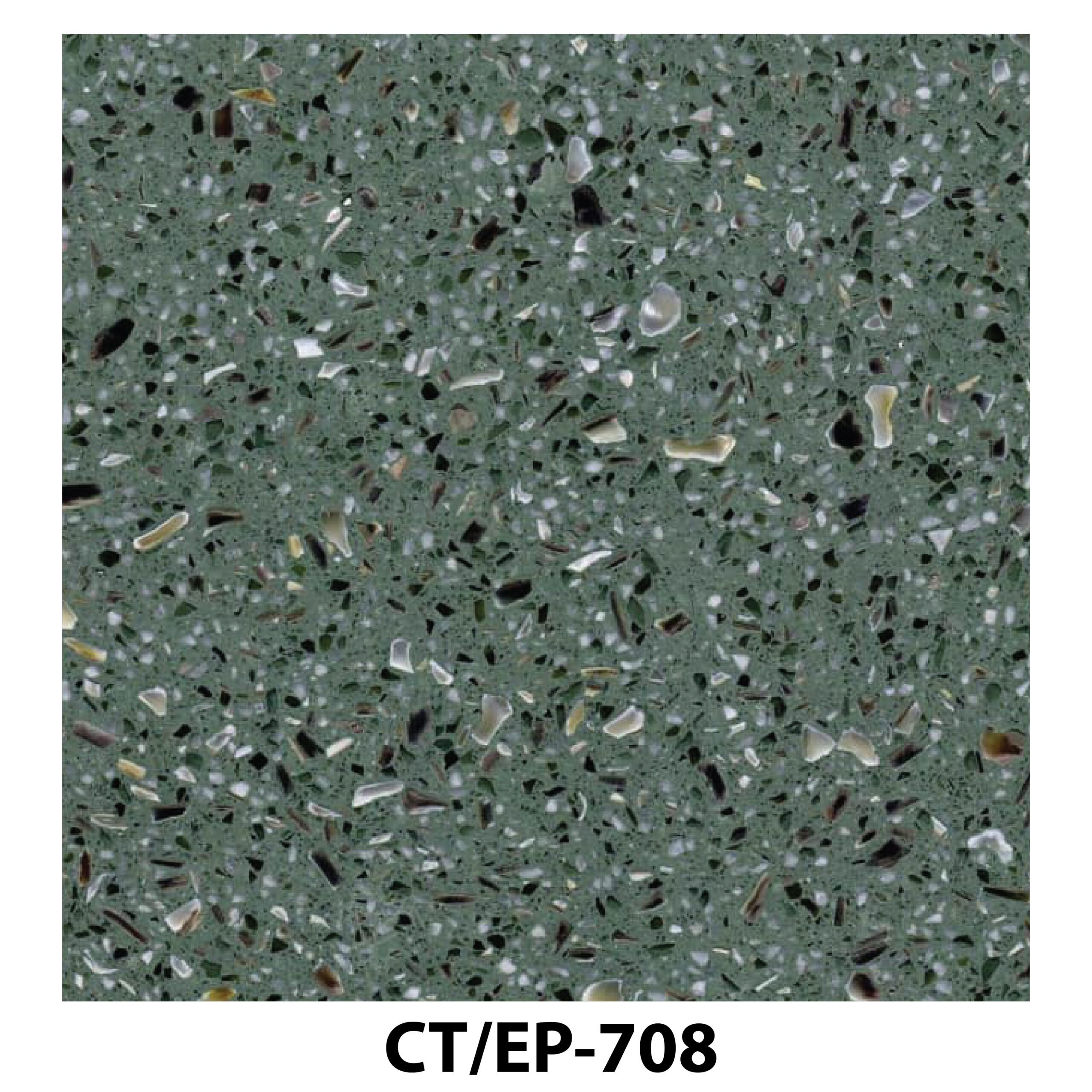 Sage green terrazzo with fine white and dark stone chips.