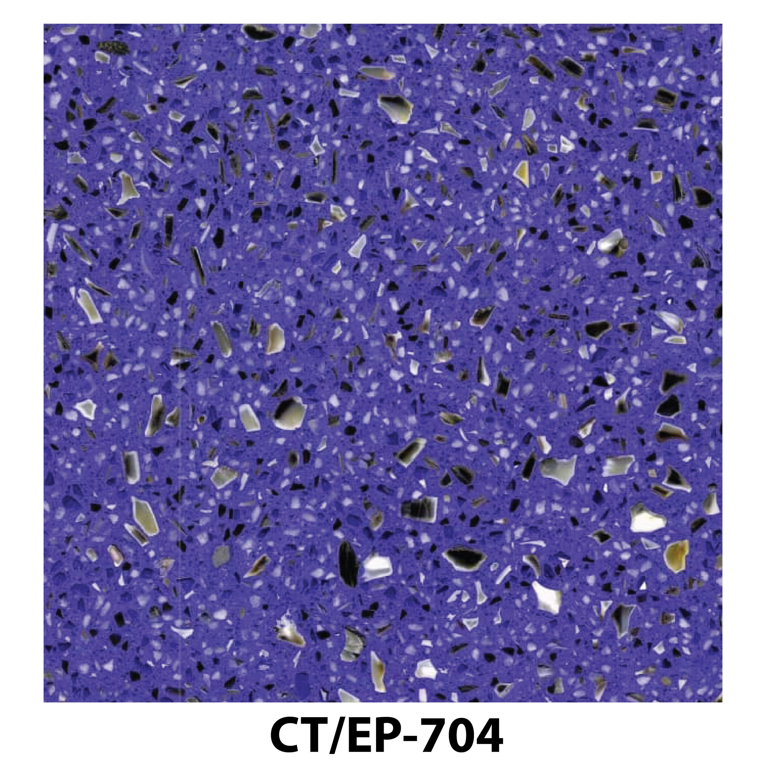 Royal blue terrazzo with dense black and white stone chips.