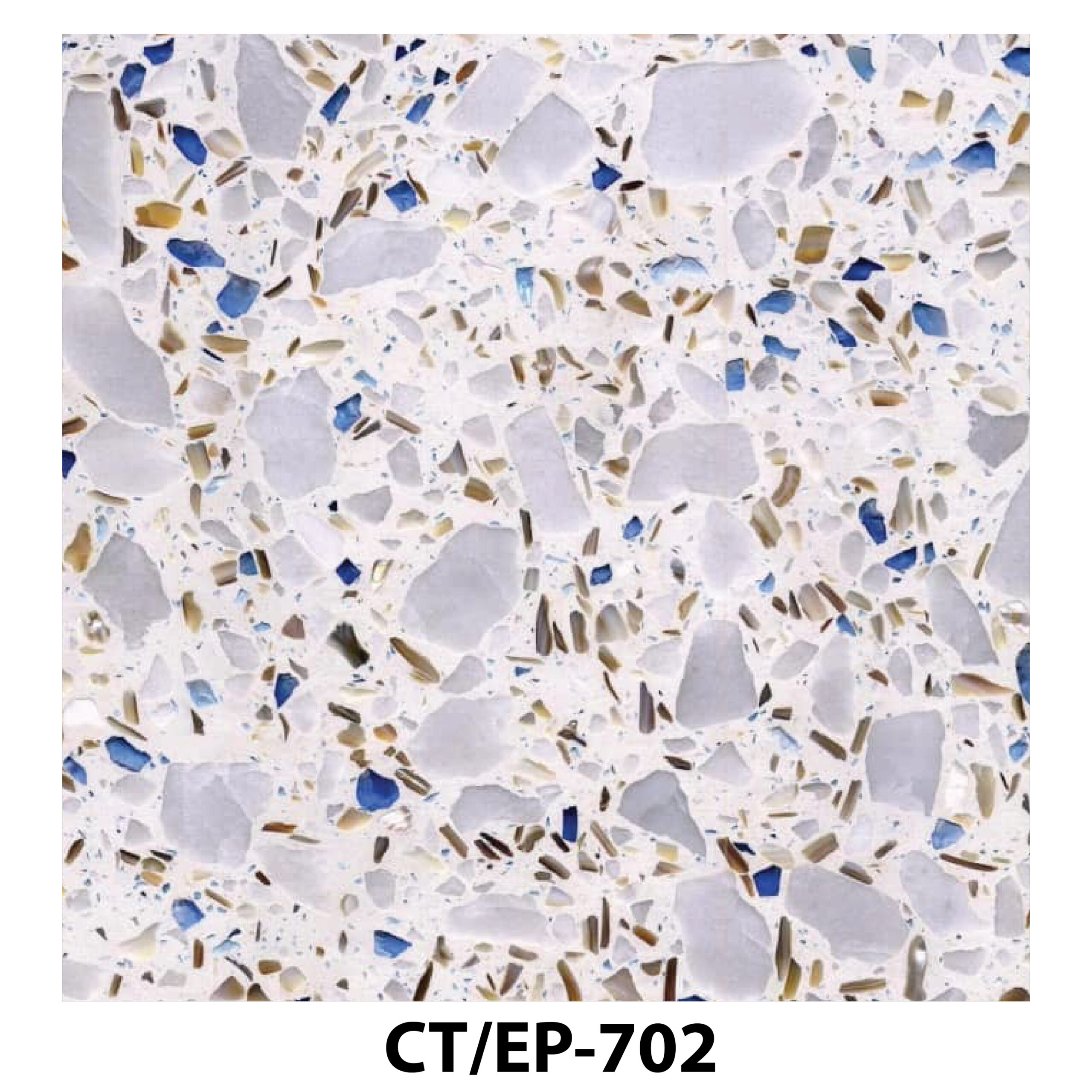 White terrazzo with large grey and blue stone chips.