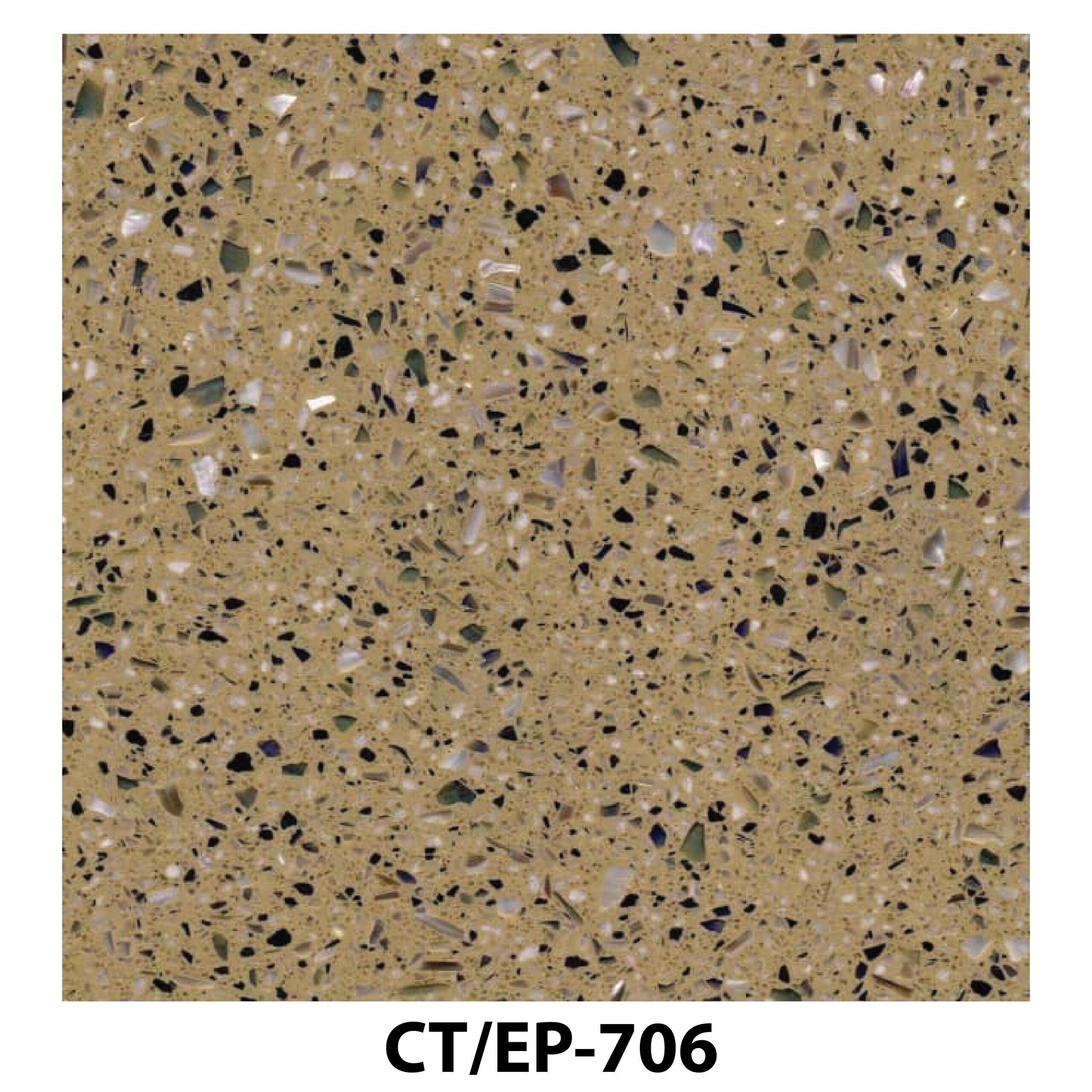 Tan terrazzo tile with fine black and iridescent chips.