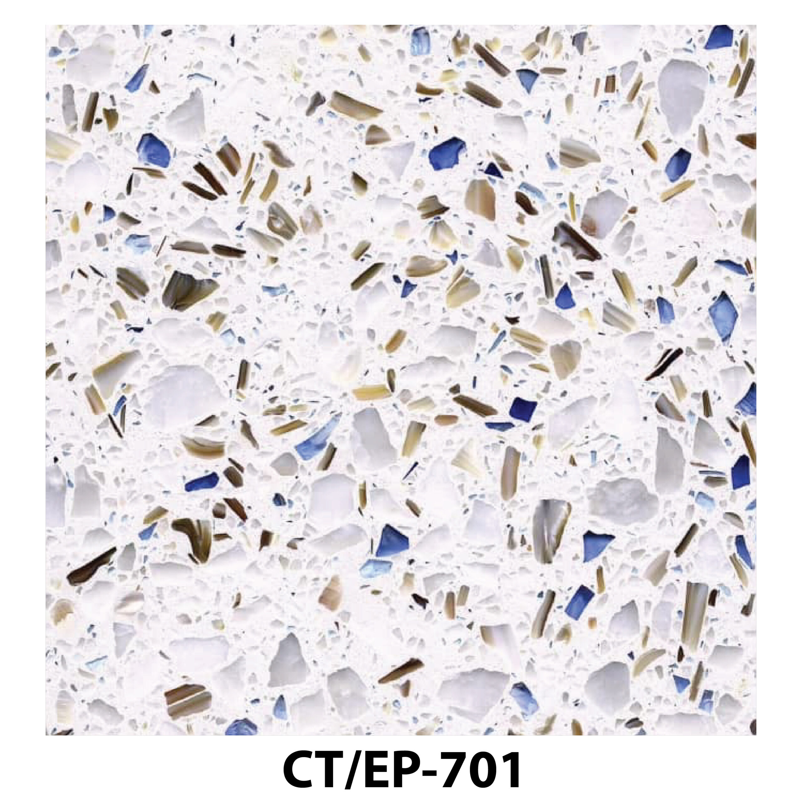 White terrazzo tile with blue and brown marble chips.