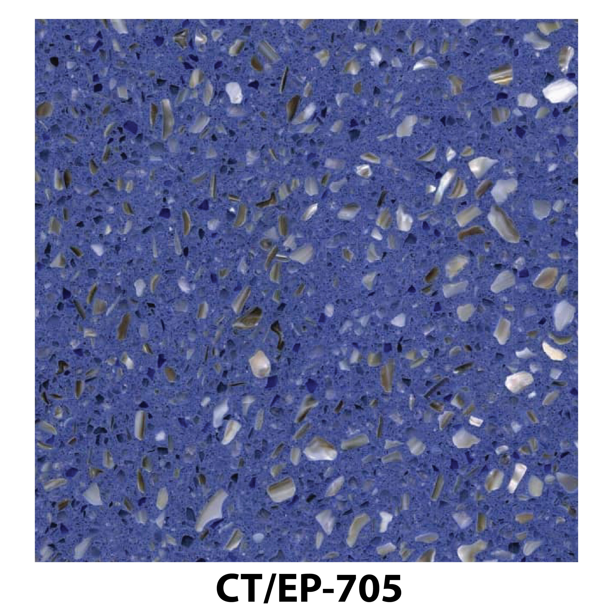 Blue terrazzo tile with white and grey marble chips.