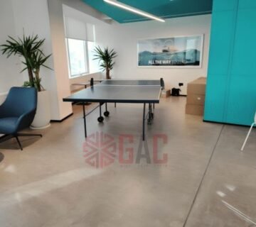 Modern office space featuring a ping pong table, blue accent wall, plants, and a comfortable seating area  The room is well lit with large windows, promoting a relaxed and collaborative environment 