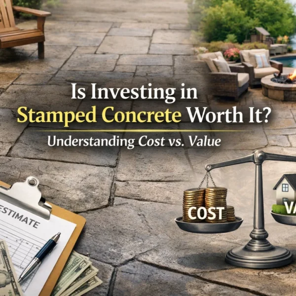 Image showing a calculator, money, an "Estimate" clipboard, and a scale balancing "Cost" (gold coins) and "Value" (a miniature house) on a stamped concrete patio, asking "Is Investing in Stamped Concrete Worth It? Understanding Cost vs. Value.