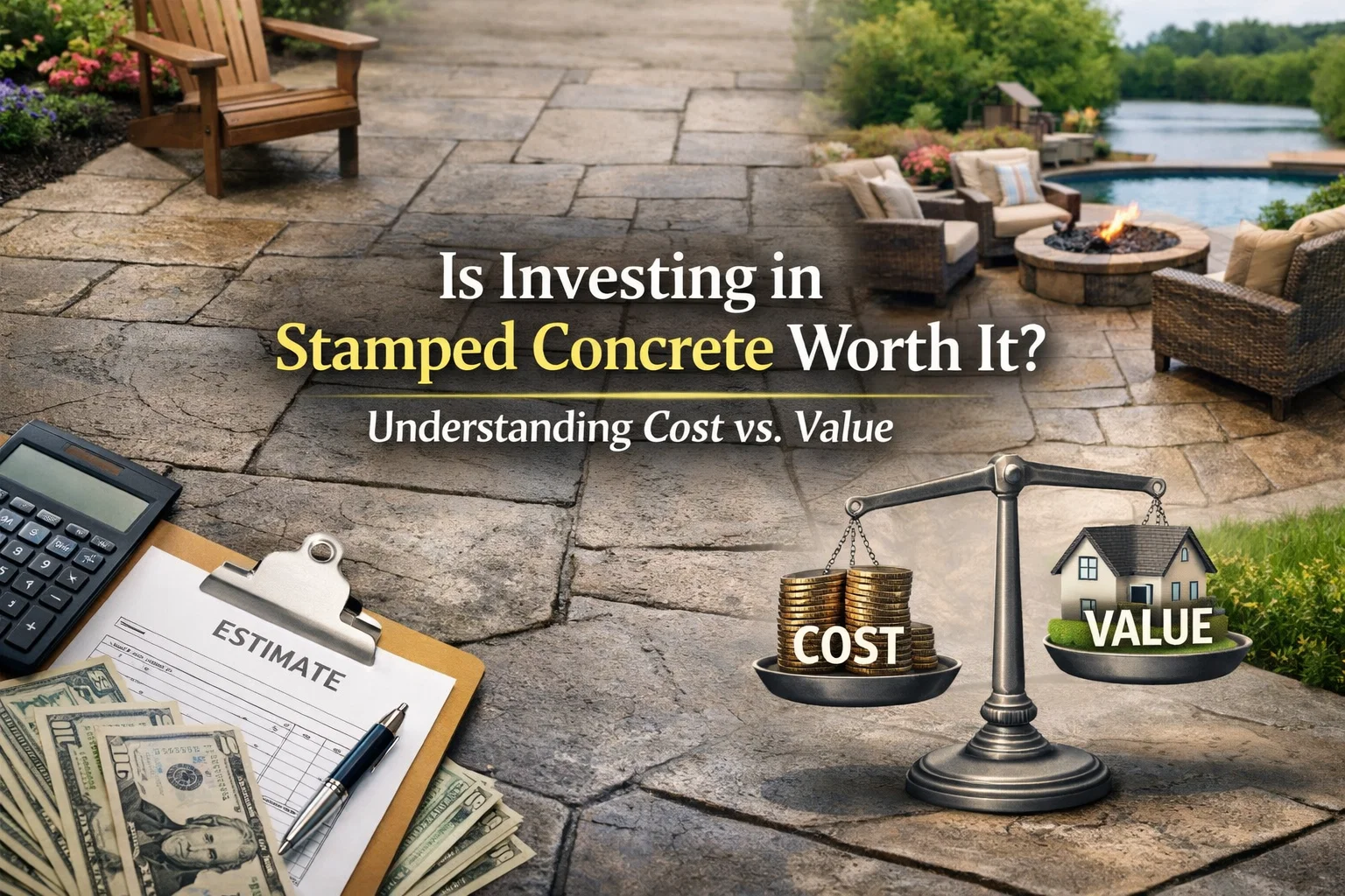 Image showing a calculator, money, an "Estimate" clipboard, and a scale balancing "Cost" (gold coins) and "Value" (a miniature house) on a stamped concrete patio, asking "Is Investing in Stamped Concrete Worth It? Understanding Cost vs. Value.