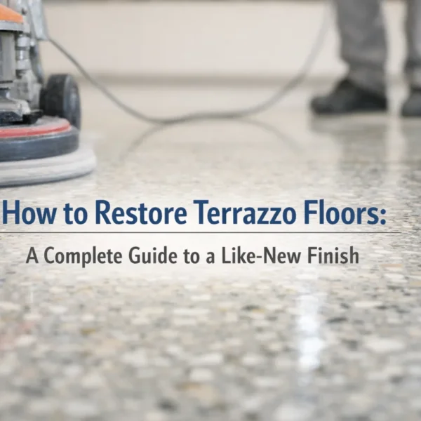 Close-up of a floor sanding machine polishing a terrazzo floor to restore it. The image includes text overlay that reads "How to Restore Terrazzo Floors: A Complete Guide to a Like-New Finish.
