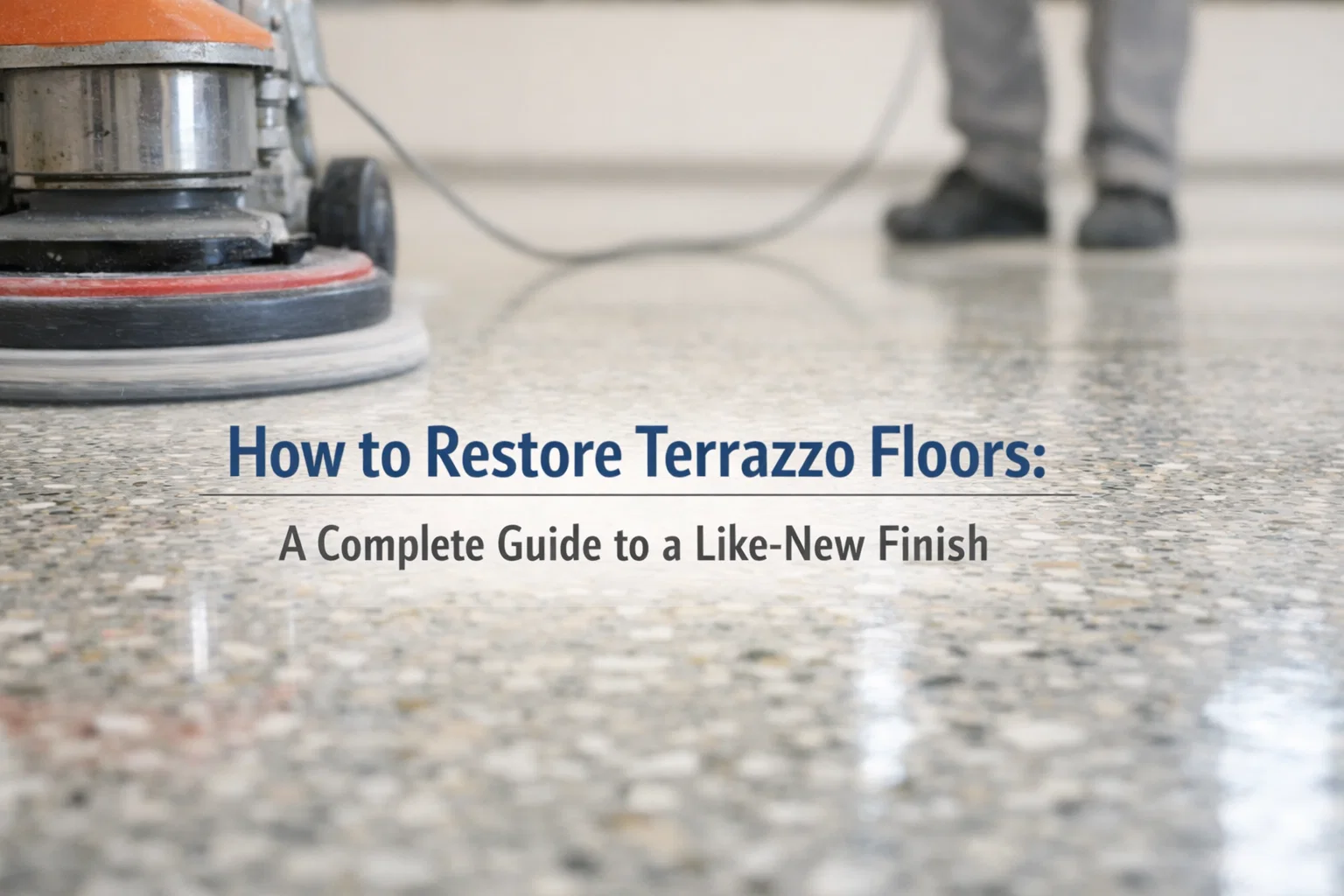 Close-up of a floor sanding machine polishing a terrazzo floor to restore it. The image includes text overlay that reads "How to Restore Terrazzo Floors: A Complete Guide to a Like-New Finish.