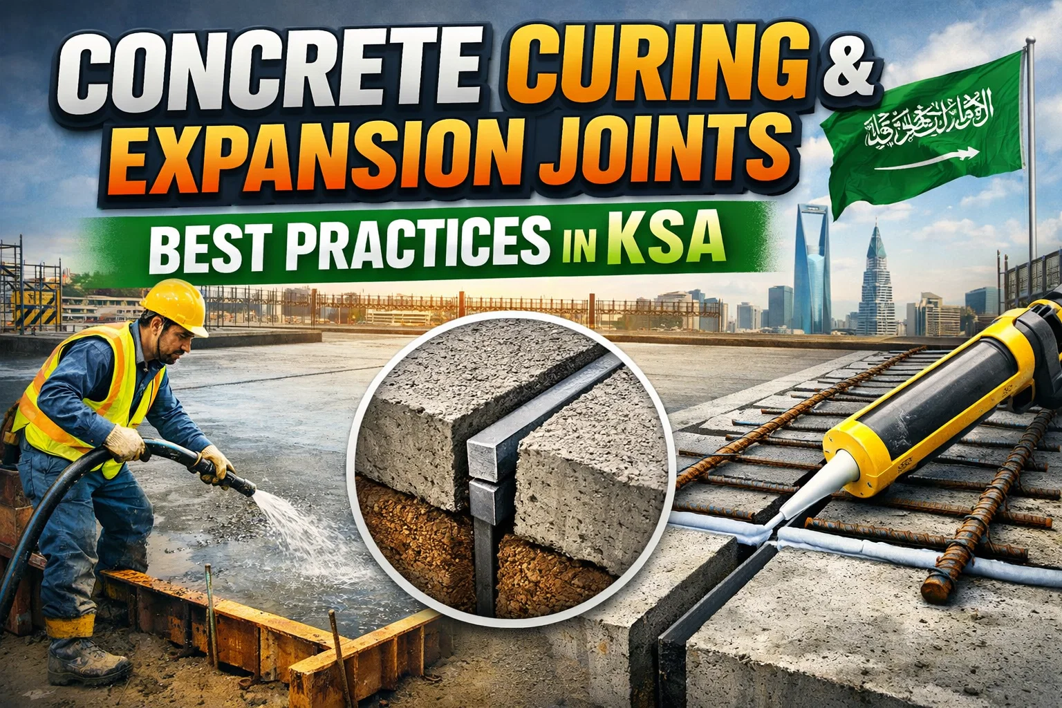 Construction worker curing concrete slab outdoors with water spray, central close-up showing a concrete expansion joint, Saudi Arabia flag flying in the background over a cityscape, illustrating 'Concrete Curing & Expansion Joints Best Practices in KSA'